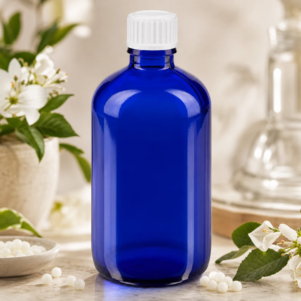 Lékárenská láhev modrá 100ml kapátko bílé 0,8mm standardní uzávěr Rundflasche 100ml Blauglas mit weißem Kunststoffdeckel zwischen frischen Blüten und Globuli