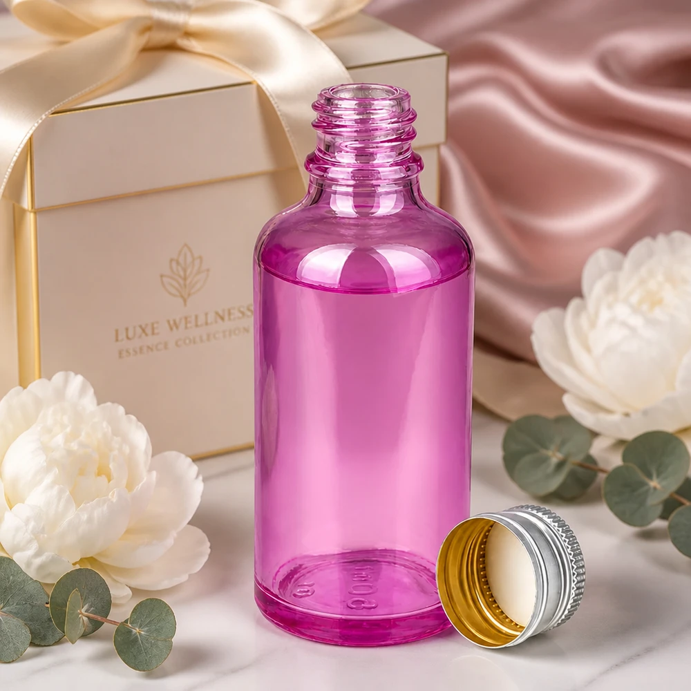 50ml lahvička 11mm šroubovací uzávěr hliníkovo-stříbrný standard PurpleLine.UT18/50 Stilvolle lila Flasche 50ml mit silbernem Deckel für exklusive Beauty-Geschenksets