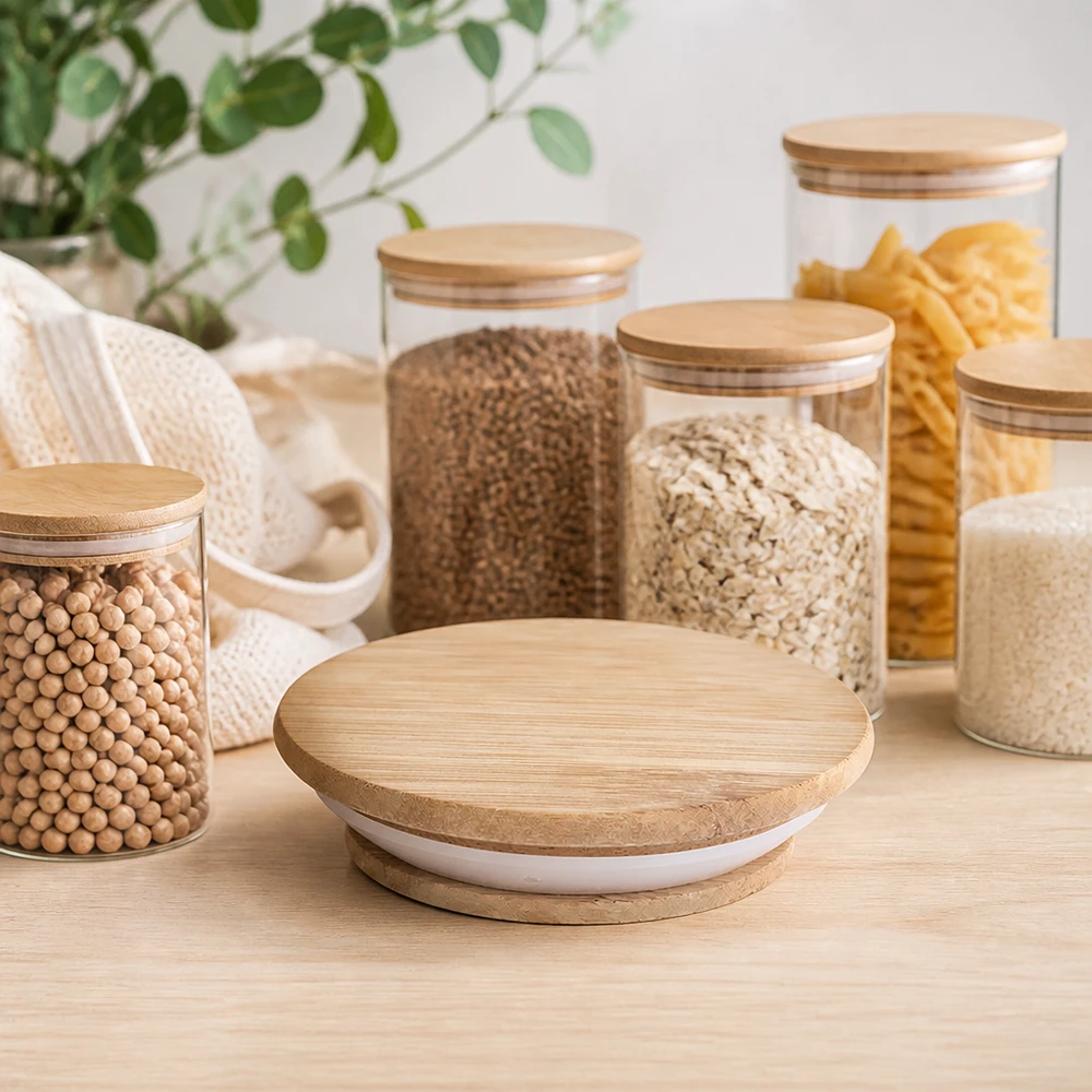 Dřevěné víko (buk) bez potisku pro WECK RR100 Moderne Küche Vorratsgläser mit WECK RR100 Holzdeckel Version A Aufbewahrung Getreide Pasta Hülsenfrüchte skandinavisch