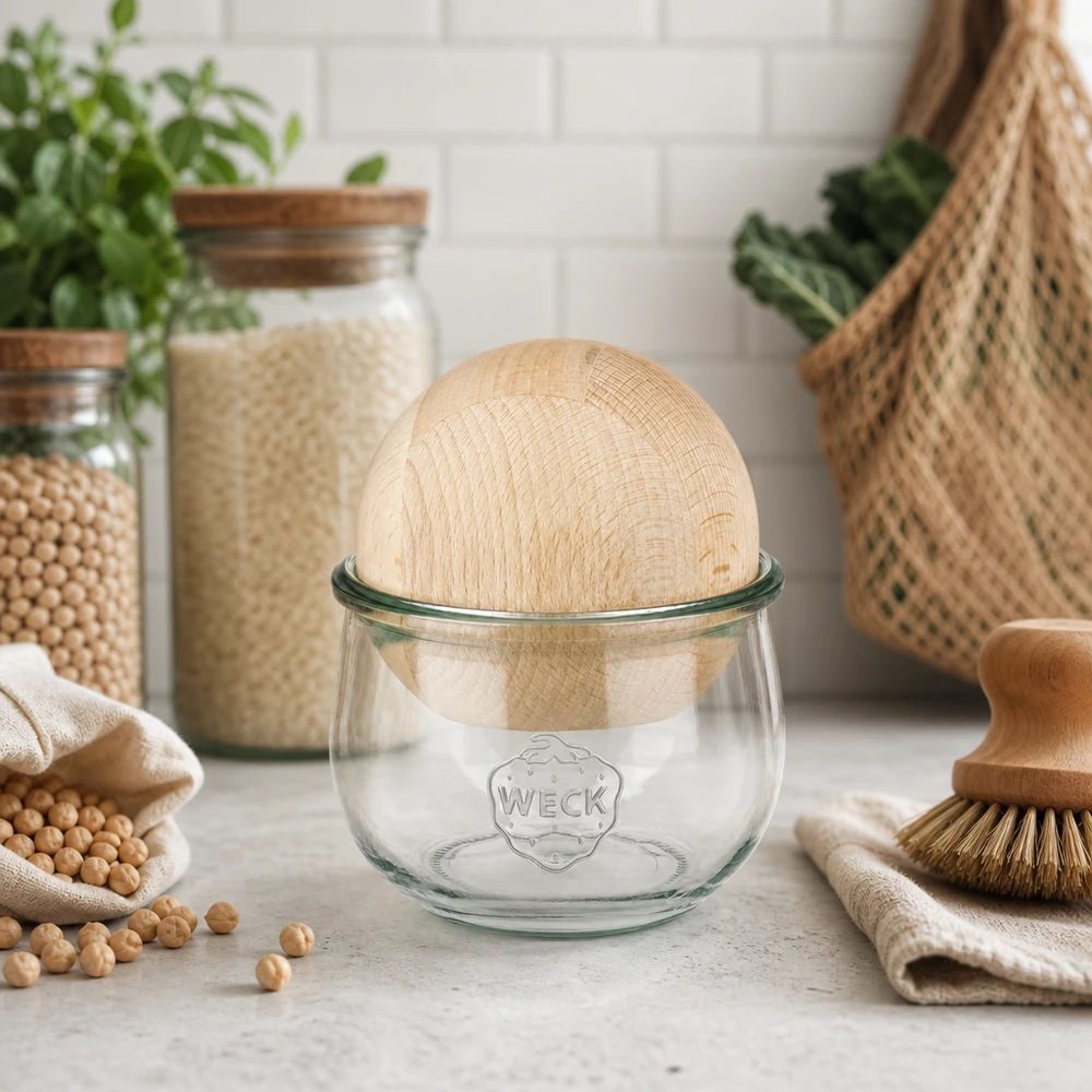 Tulipánová sklenice WECK RR100 o objemu 580 ml s kuličkou z bukového dřeva