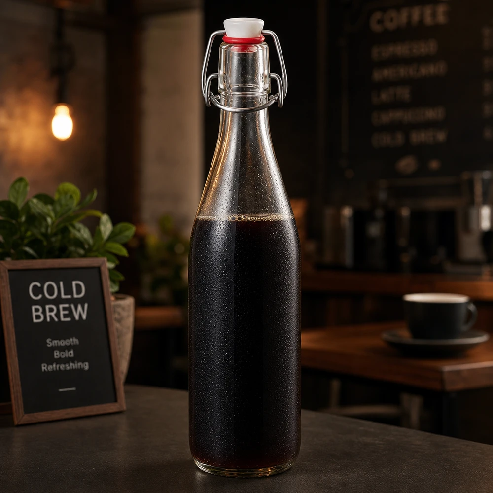 500ml Glasflasche Bügelverschluss mit Cold Brew Kaffee gefüllt in Café-Atmosphäre neben Werbetafel