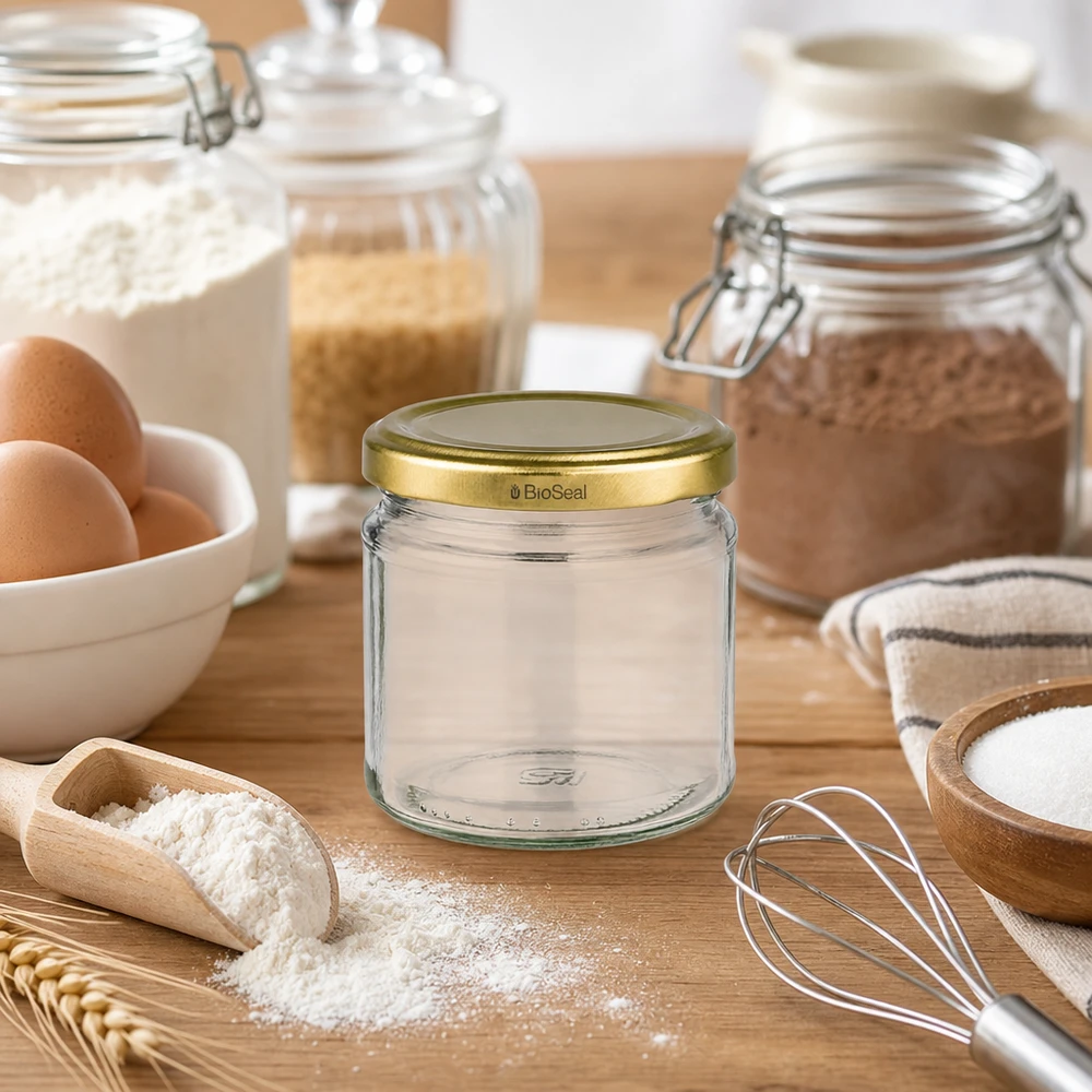 Kulatá sklenice o objemu 212 ml se zlatým víčkem UNiTWIST BioSeal. Leeres UNiTWIST Rundglas 212ml mit goldenem TO66 BioSeal Deckel inmitten von Backzutaten und Küchenutensilien