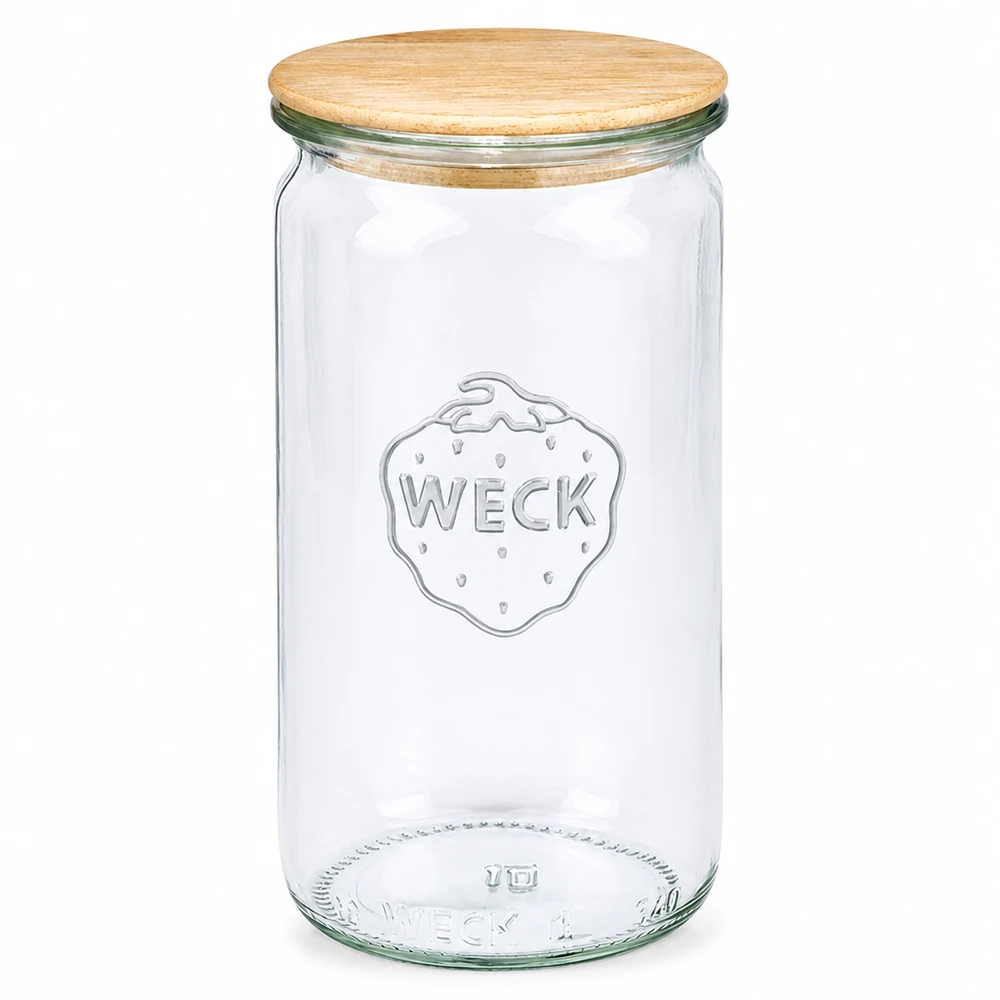 WECK Zylinderglas 340ml RR60 mit Holzdeckel Einmachglas Vorratsglas transparent aus Glas mit natürlichem Holzdeckel