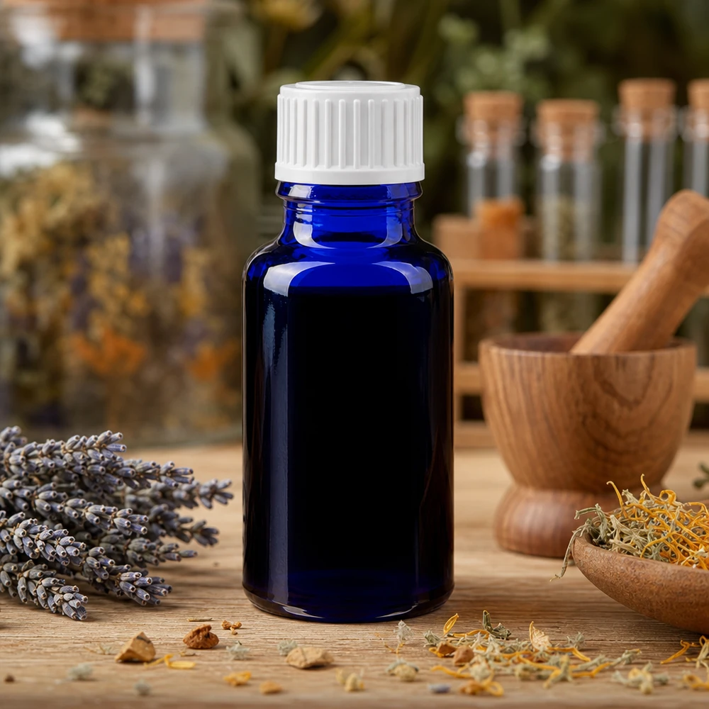 Lékárenská lahvička modrá 20ml šroubovací uzávěr bílý globule standardní Apothekerflasche 20ml blau mit 3mm Tropfeinsatz für medizinische Kräuterextrakte