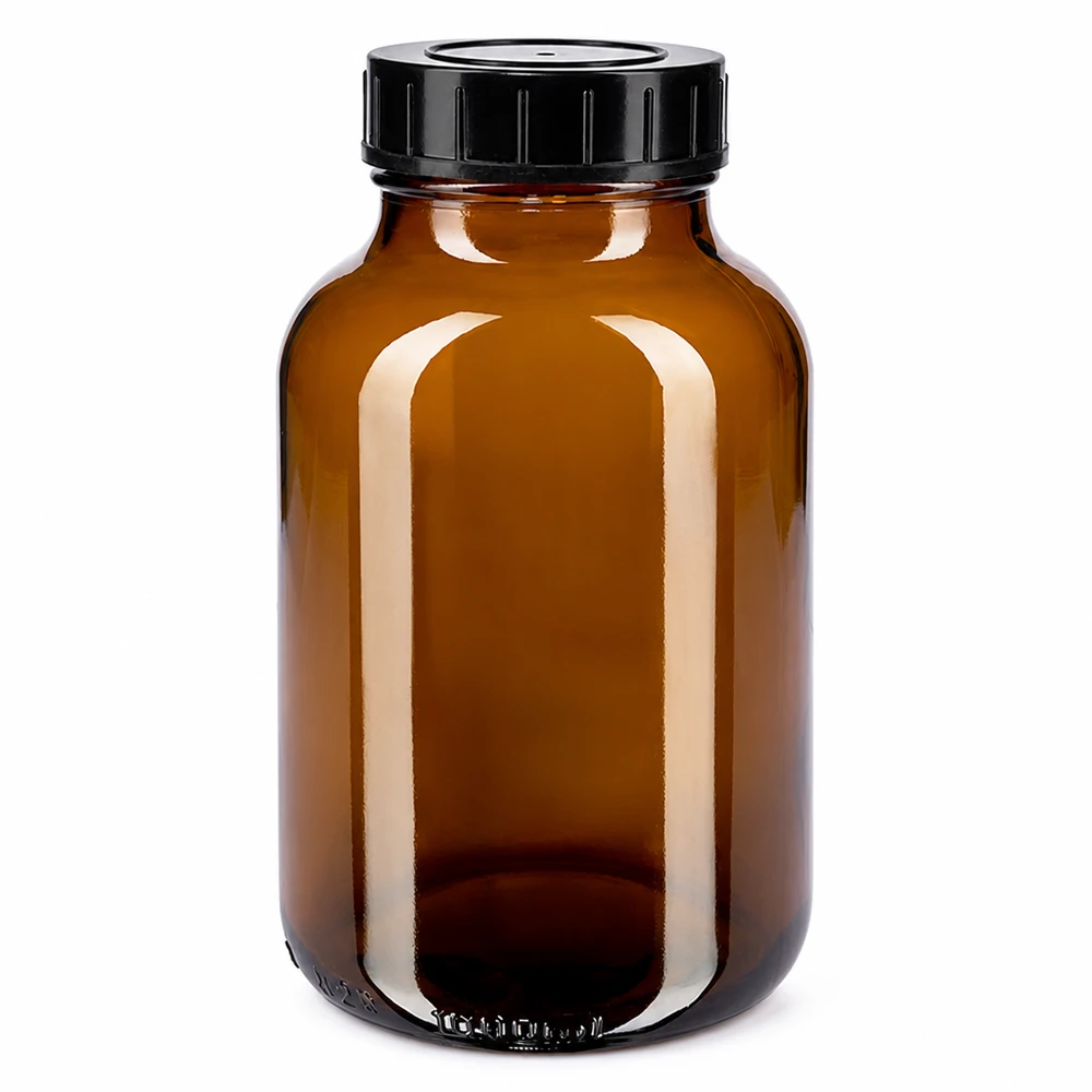 1000ml láhev se širokým hrdlem jantarové sklo se šroubovacím uzávěrem. Bernsteinfarbene Glasflasche mit breitem Hals und dichtem Verschluss 1000ml Volumen