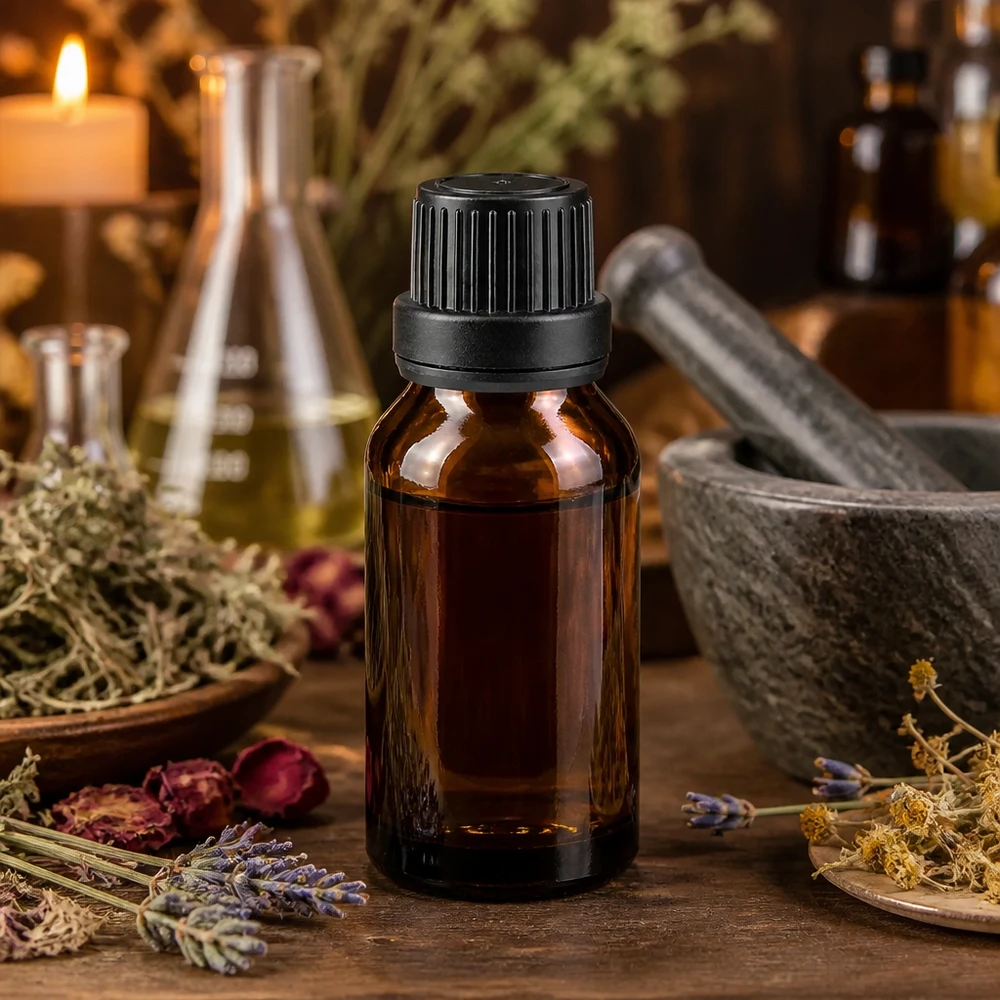 Aromatherapie Flasche braun 15ml mit Dichtung zwischen Steinmörser und frischen Kräutern auf Holzuntergrund