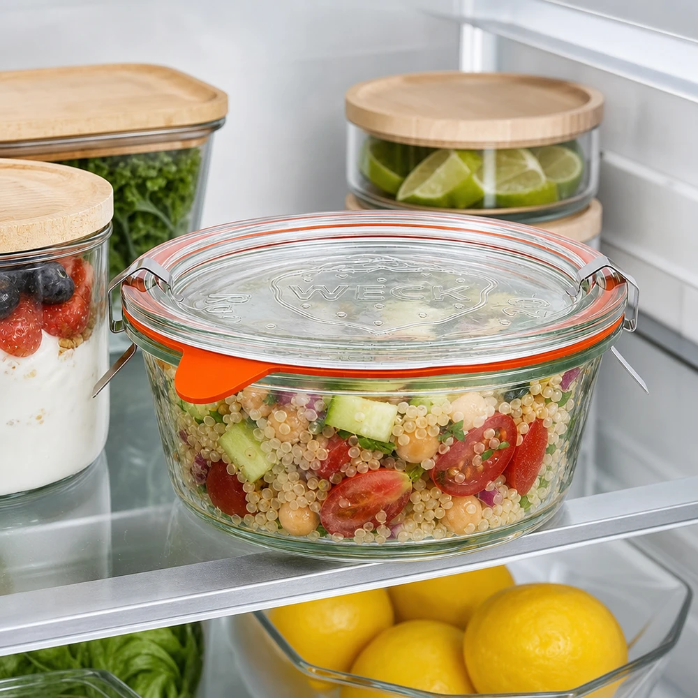 WECK Gourmetglas 300ml RR120 im Kühlschrank mit Quinoa-Salat, Meal Prep Aufbewahrung neben anderen Vorratsgläsern