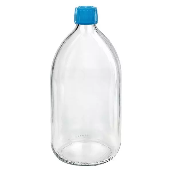 1000ml lahvička na léky čirá, modrý uzávěr s tamper-evidentním kroužkem ApoGlas. 1000ml lahvička na léky čirá, modrý uzávěr s tamper-evidentním kroužkem ApoGlas.