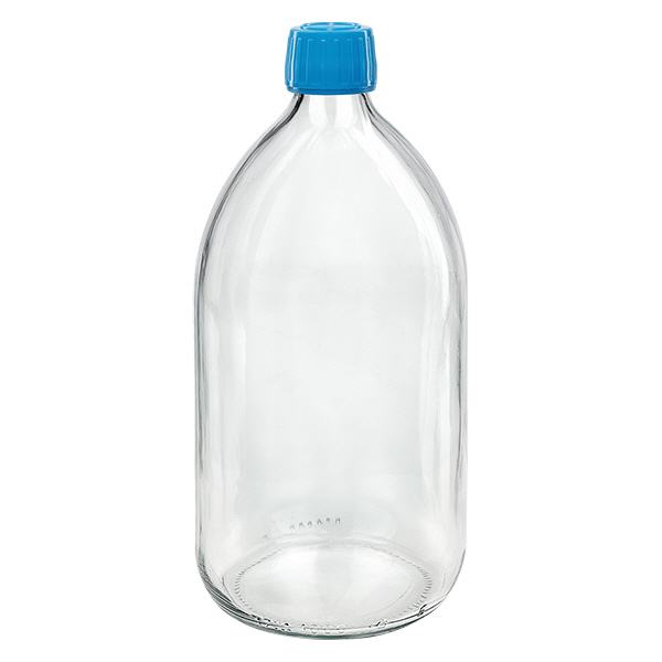 1000ml lahvička na léky čirá, modrý uzávěr s tamper-evidentním kroužkem ApoGlas. 1000ml lahvička na léky čirá, modrý uzávěr s tamper-evidentním kroužkem ApoGlas.