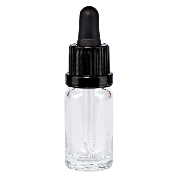 10ml pipetovací láhev černá s tamper-evidentním uzávěrem ClearLine UT18/10 ClearLine Tropfflasche 10ml Klarglas mit schwarzem OV Verschluss und Glaspipette