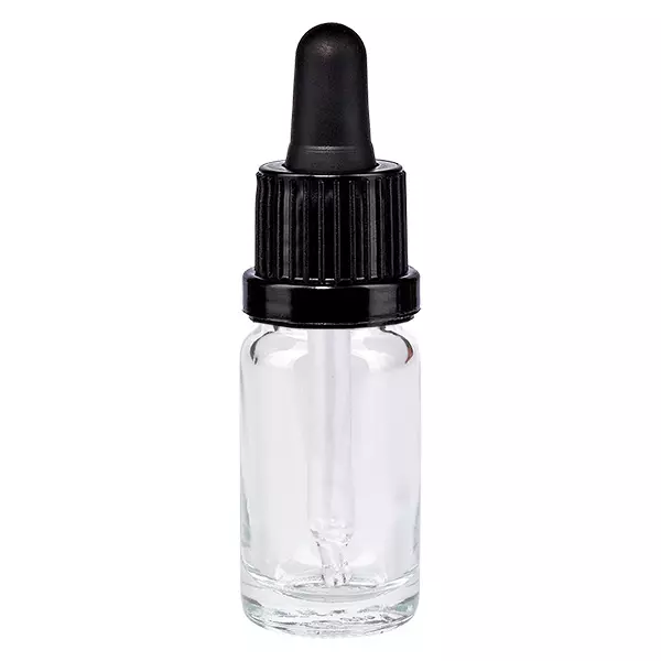 10ml pipetovací láhev černá s tamper-evidentním uzávěrem ClearLine UT18/10 ClearLine Tropfflasche 10ml Klarglas mit schwarzem OV Verschluss und Glaspipette