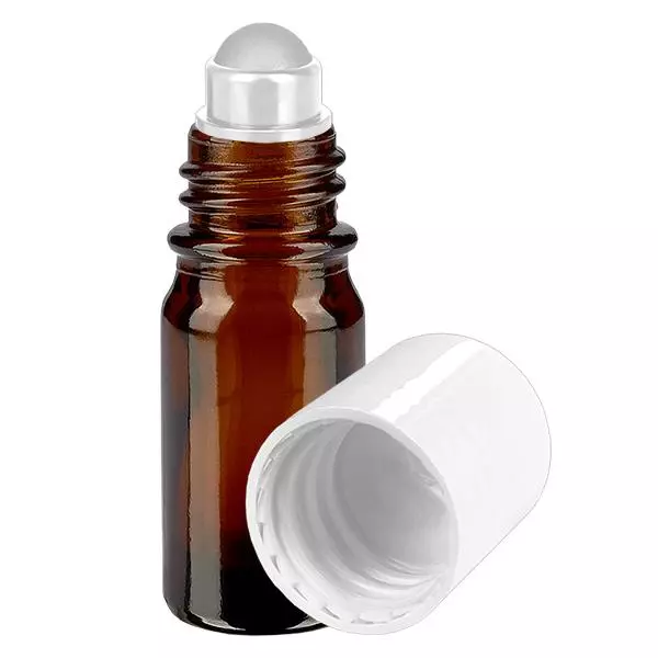 Lékárenská lahvička hnědá 5ml roll-on uzávěr bílý Lékárenská lahvička hnědá 5ml roll-on uzávěr bílý