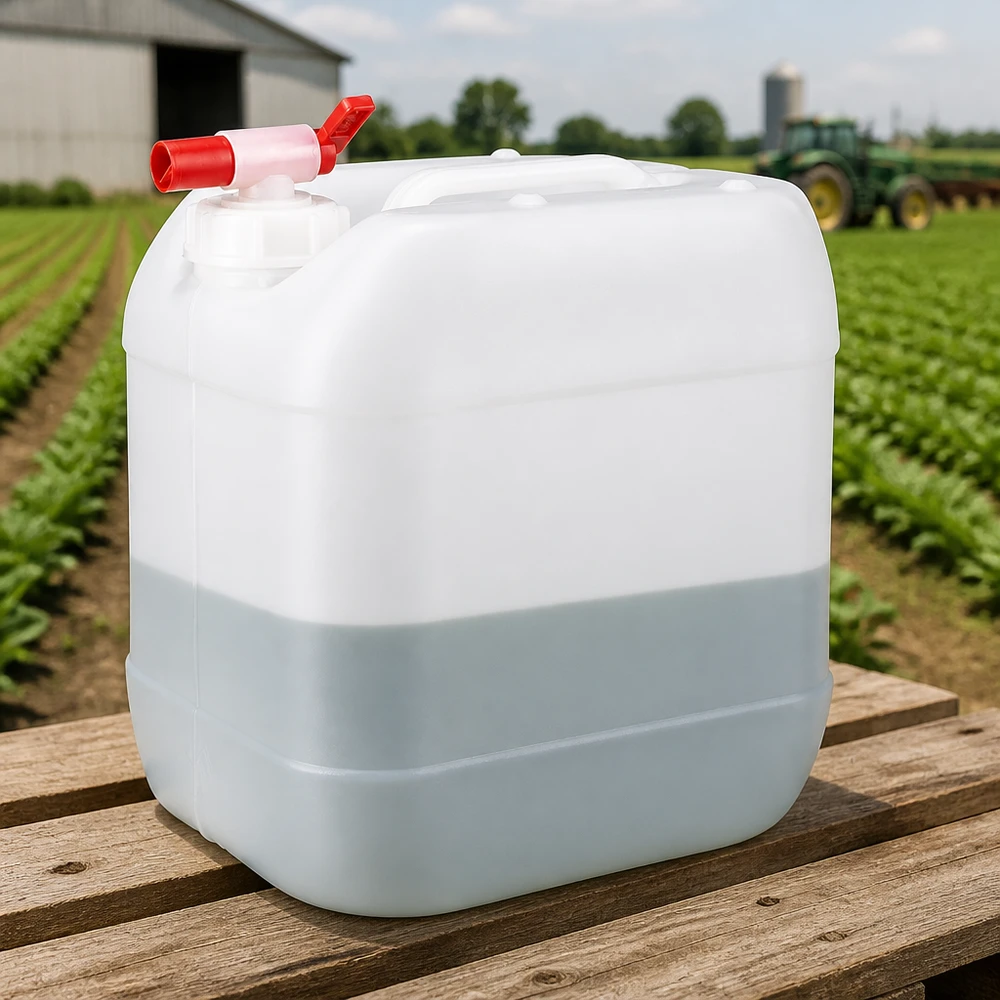 Kanystr 15 litrů s vypouštěcím kohoutkem Halbgefüllter weißer 15 Liter Wasserkanister mit rotem Hahn vor grünem Feld und Traktor