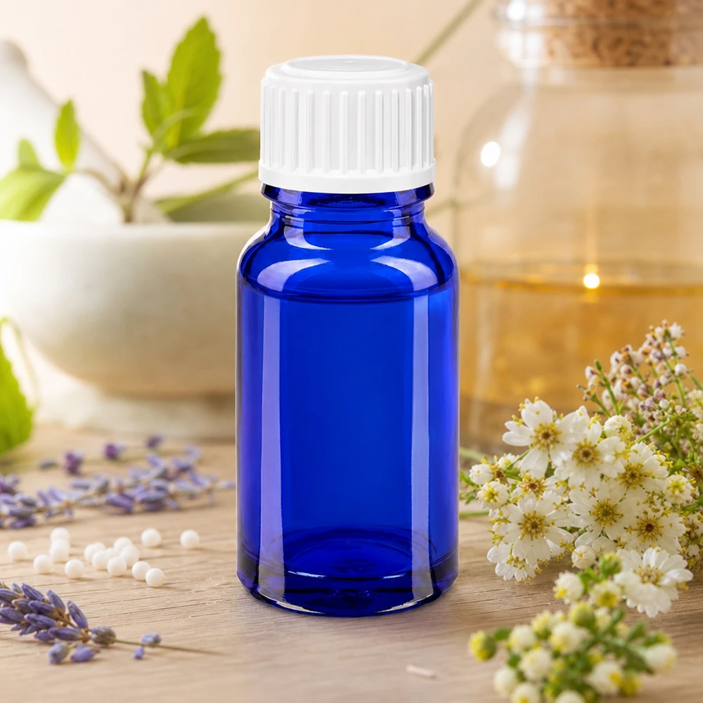 Lékárenská lahvička modrá 10ml šroubovací uzávěr bílé globule standardní. Dunkelblaue Apotheker-Glasflasche 10ml mit Schraubdeckel vor natürlichem Kräuterhintergrund