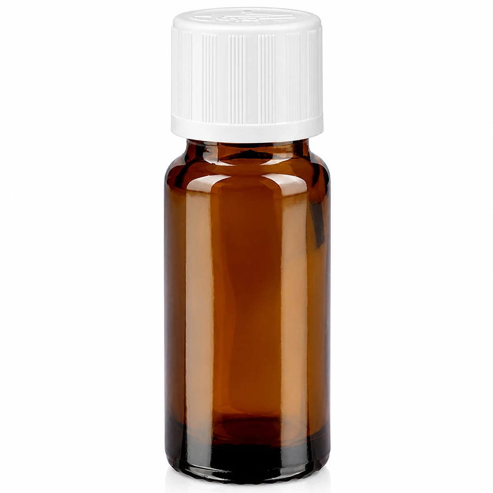 Tropfflasche 10ml aus braunem Apothekerglas mit kindersicherem Weißverschluss und Tropfeinsatz