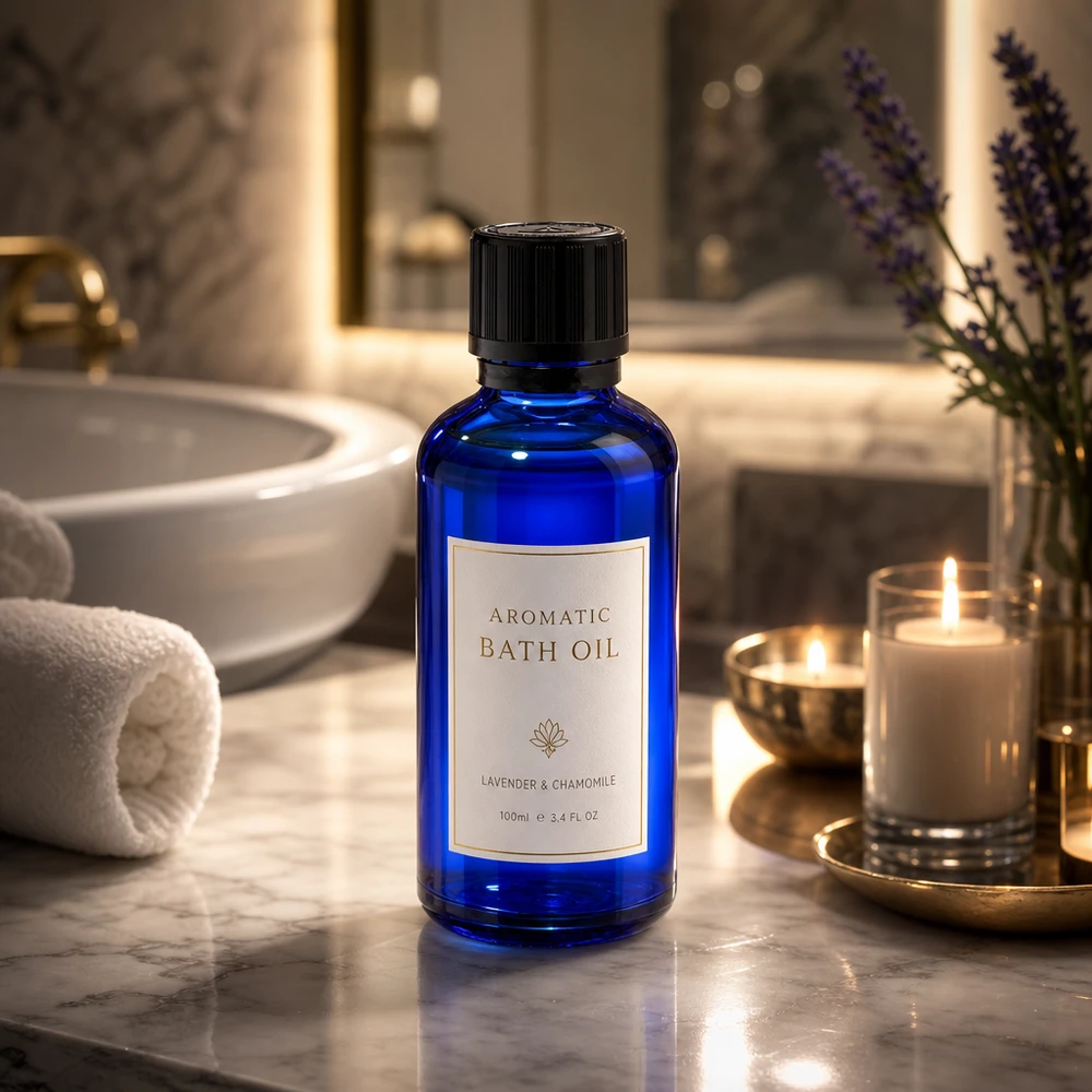 50ml Fläschchen aus blauem Apothekerglas mit KiSi-Deckel zwischen Wellnesskerzen und Badetüchern