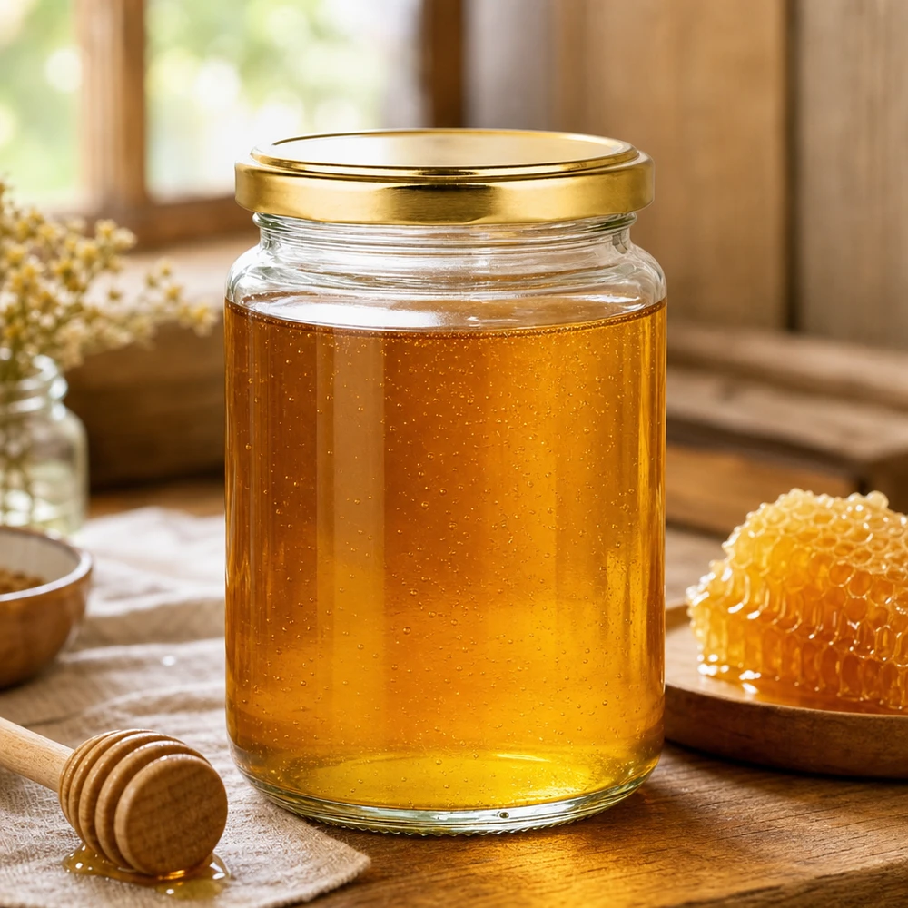 382ml kulatá sklenice s víčkem BasicSeal zlatá UNiTWIST 382ml Rundglas mit goldenem Deckel gefüllt mit Honig neben Bienenwabe und Honiglöffel auf Holztisch