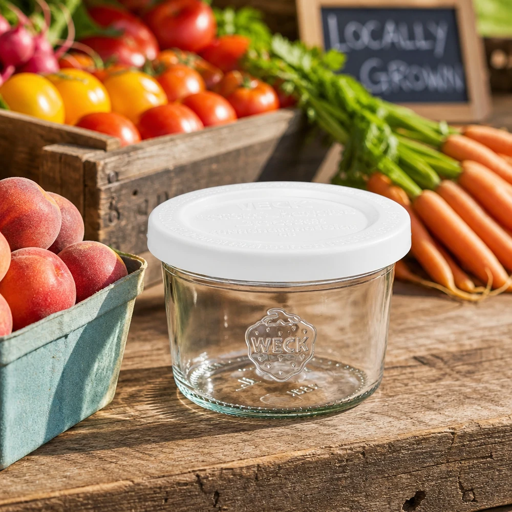 80ml WECK Sturzglas RR60 mit Frischedeckel zwischen frischem Gemüse Obst auf rustikalem Holztisch für natürliche Vorrats