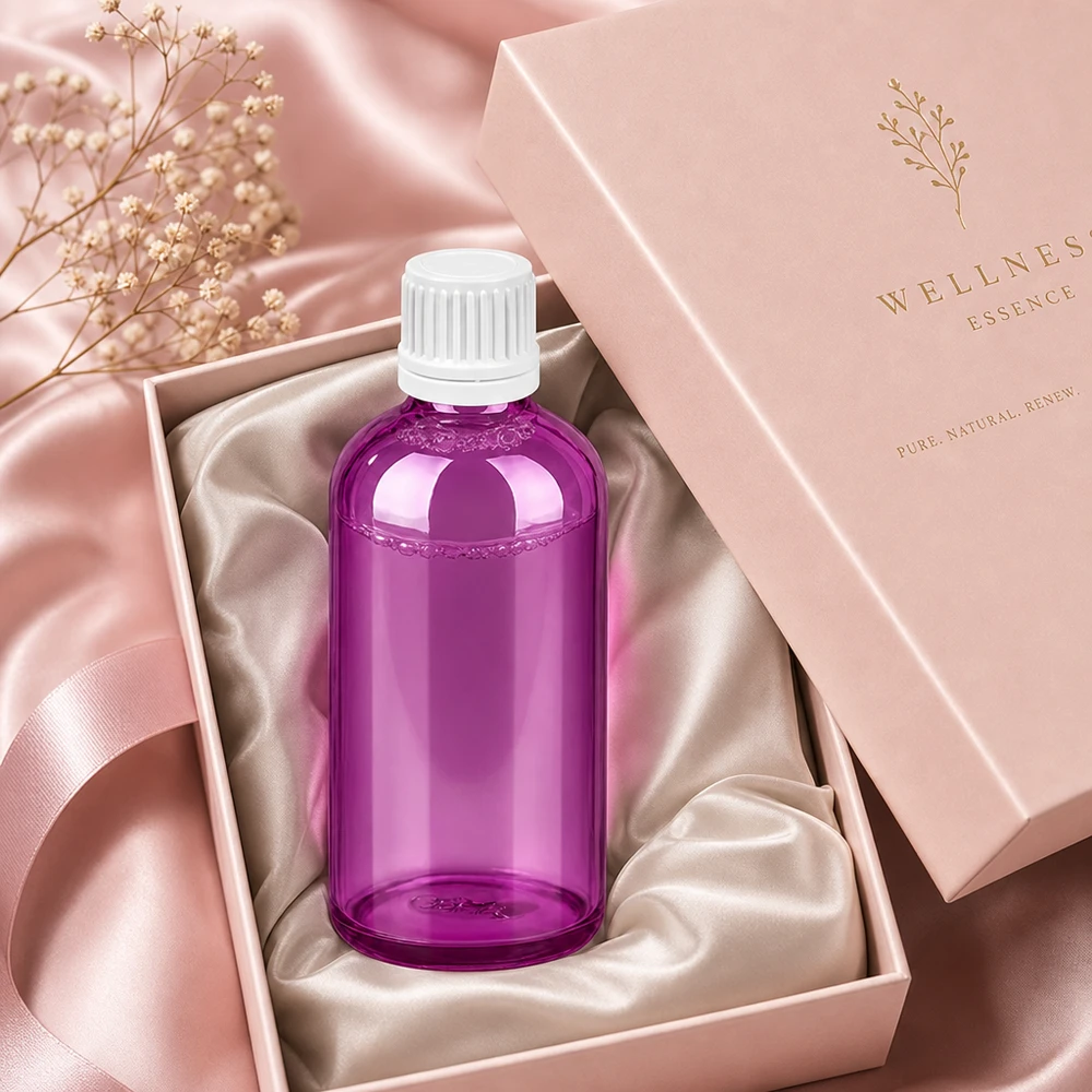 100ml láhev se šroubovacím uzávěrem 11 mm bílá Originální šroubovací uzávěr PurpleLine UT18/100 Stilvolle 100ml Flasche in Violett mit weissem 11mm Verschluss für hochwertige Beauty-Essenzen