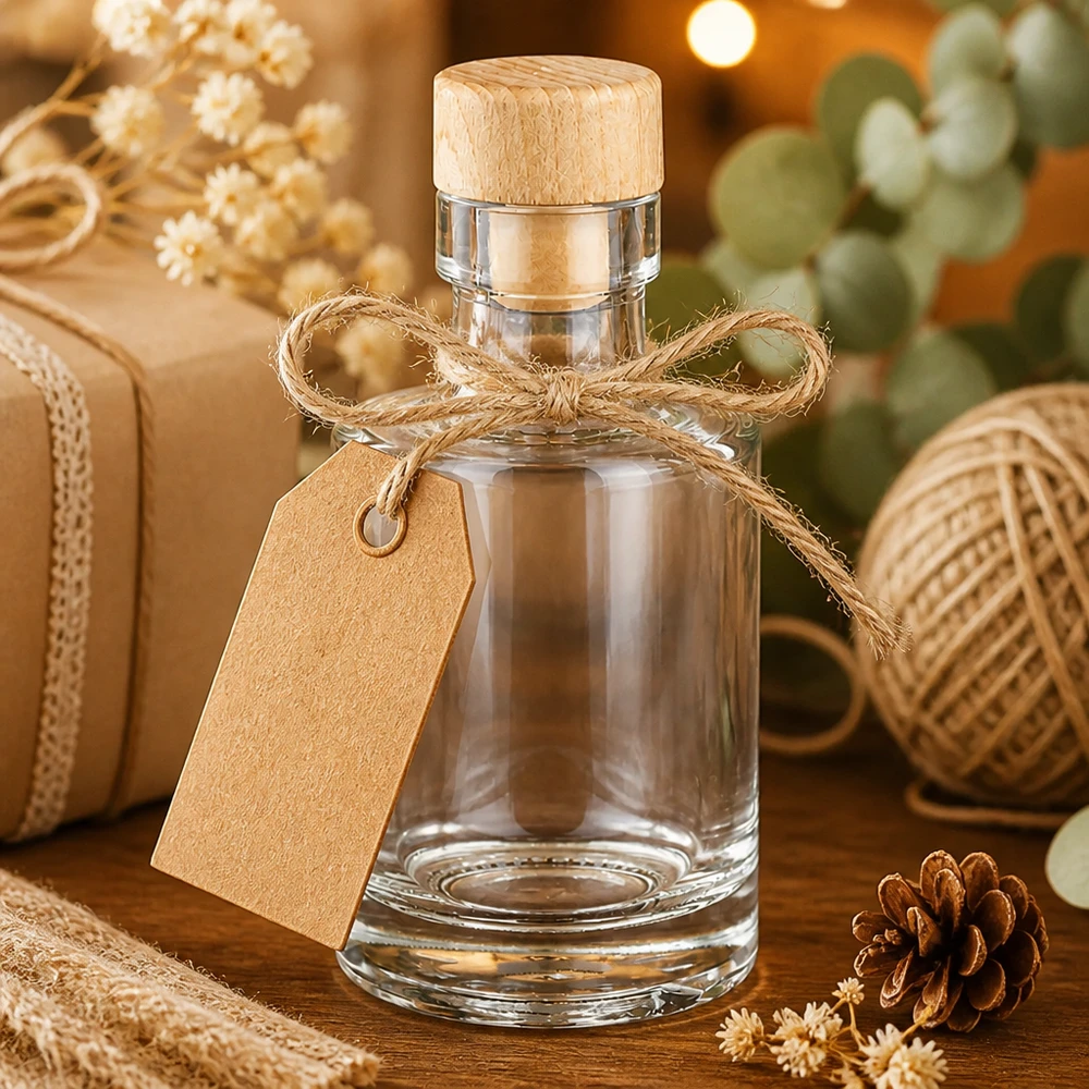 100ml Glasflasche Marie mit Holzkorken als Geschenk verpackt mit Juteschleife und Geschenkanhänger in rustikaler Dekorat
