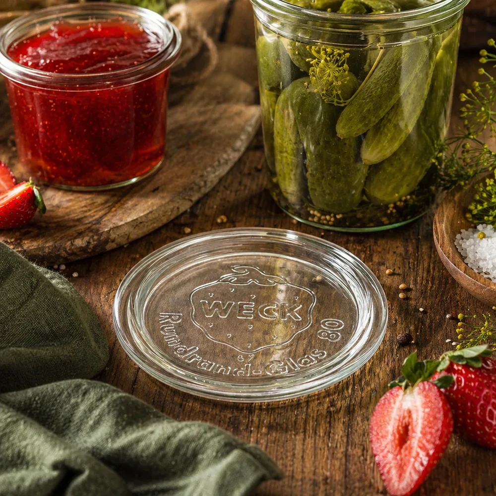 WECK Glasdeckel RR80 in natürlicher Küchen-Szene mit Einmachgläsern Gurken und Marmelade auf Holztisch