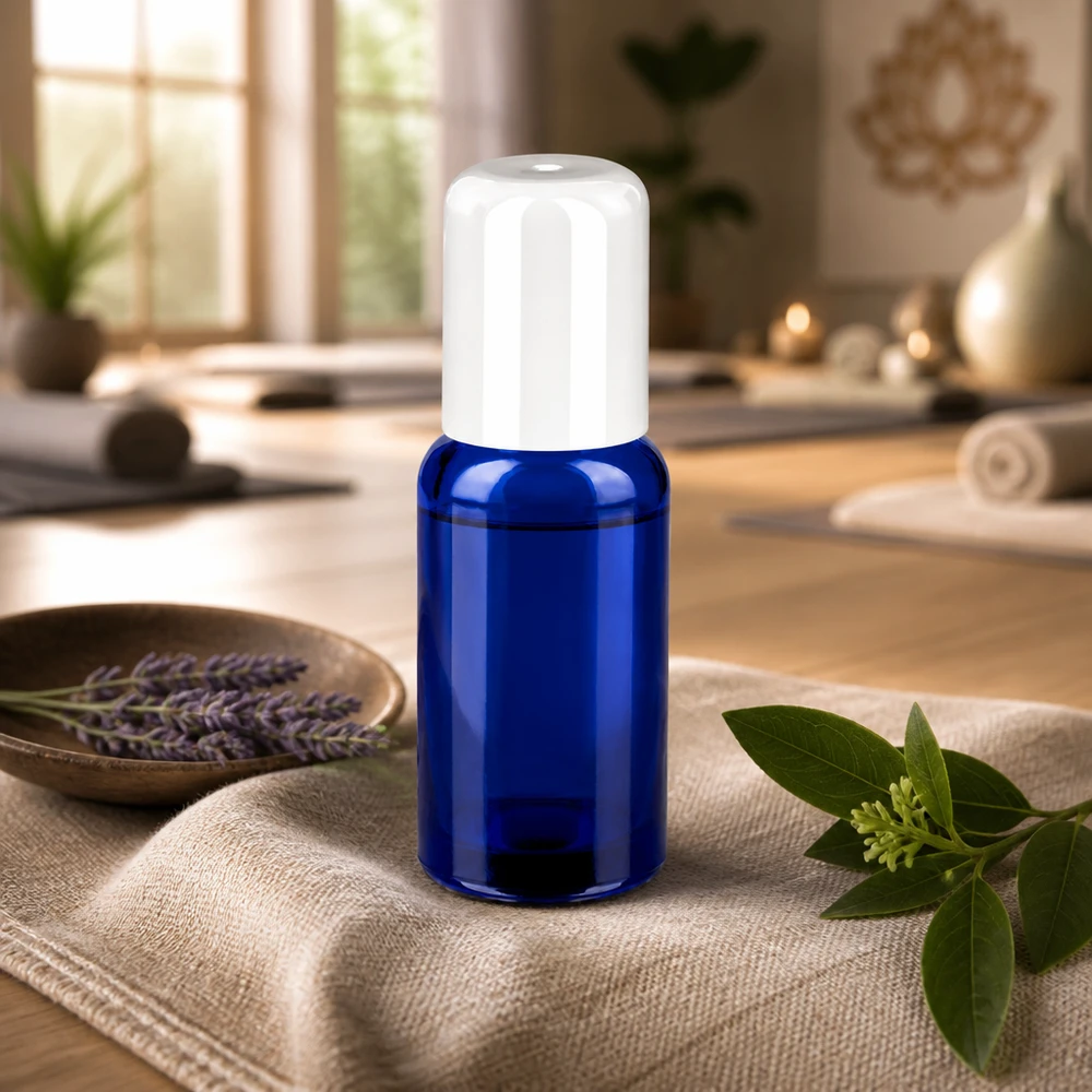20ml Roll-On Flasche mit UV-Schutz durch blaues Glas und hygienischem weissen Verschluss