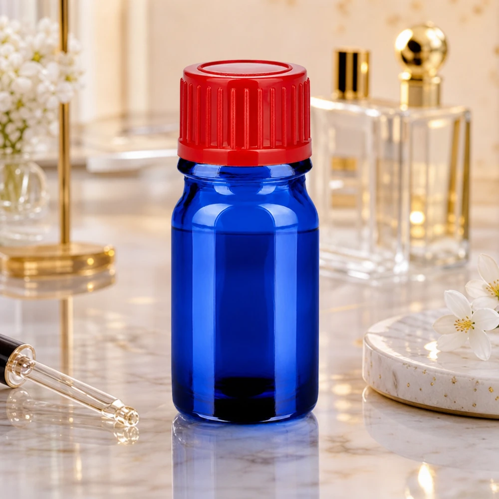 5ml láhev 11mm šroubovací uzávěr červená Standard BlueLine UT18/5 Professionelle 5ml BlueLine Glasflasche UT18/5 mit rotem SV Verschluss für Forschung und Analytik