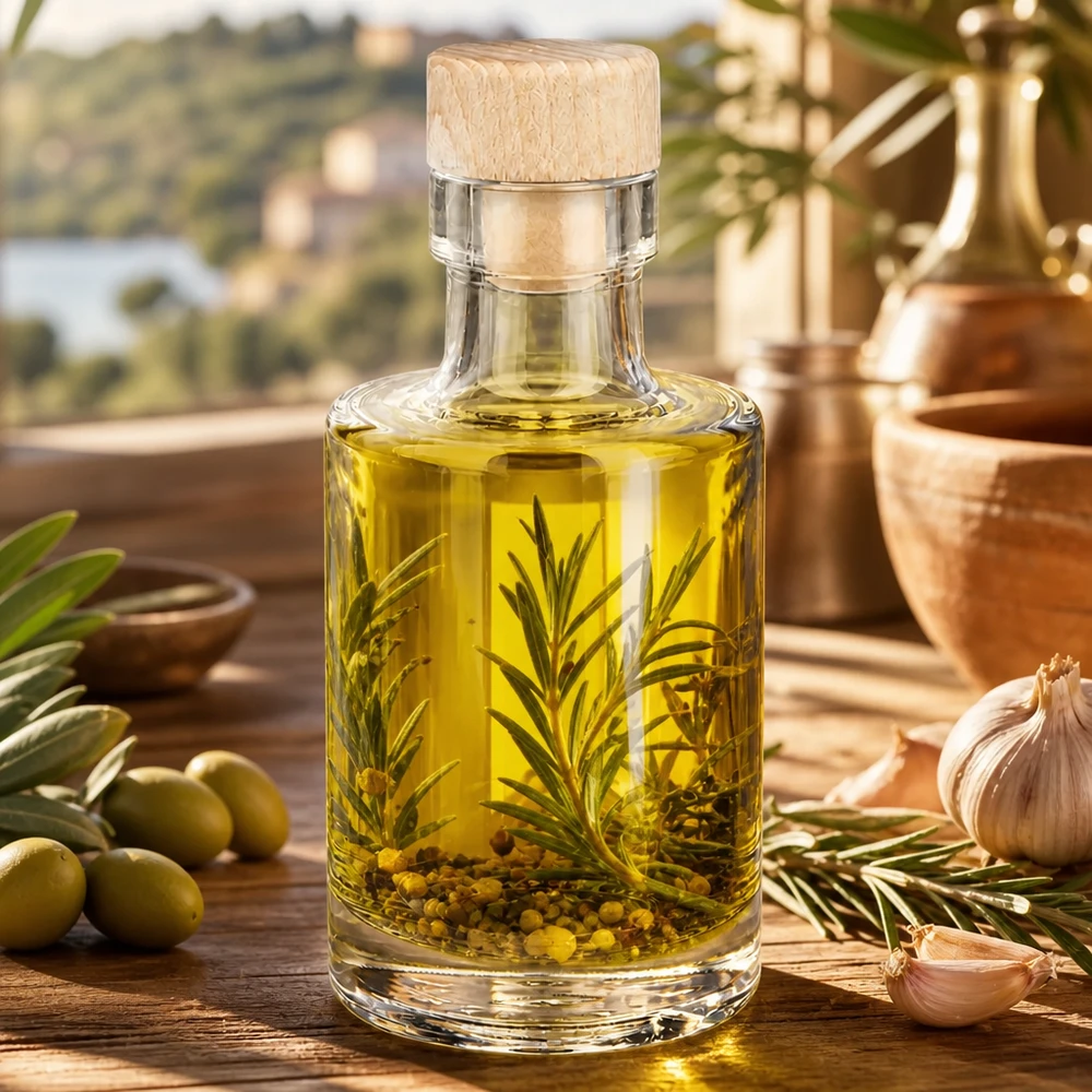 100ml Glasflasche Marie mit Holzkorken gefüllt mit Kräuteröl Rosmarin Pfefferkörner neben Oliven und Knoblauch mediterra