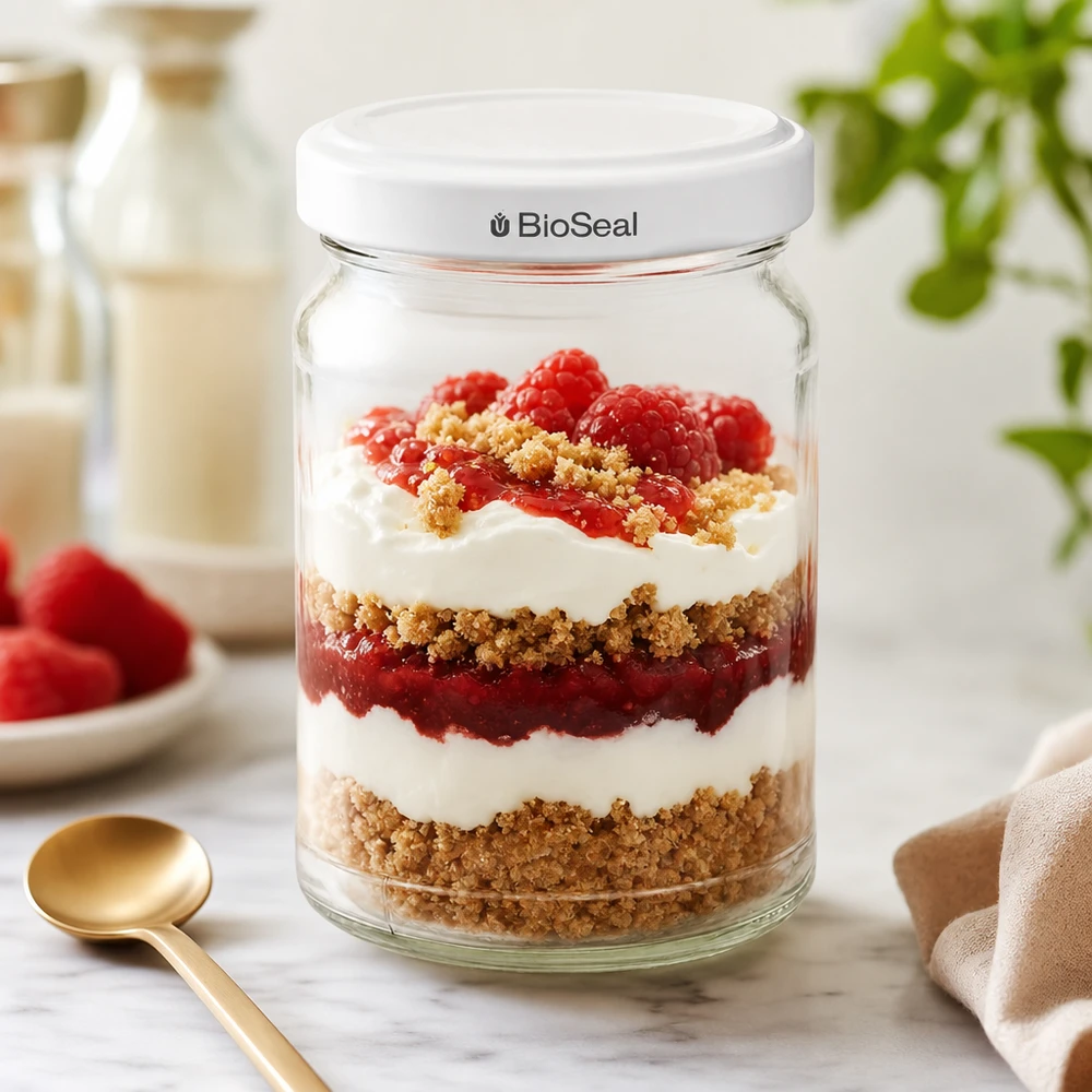 UNiTWIST Runda205 mit TO58 BioSeal Deckel als Dessertglas für Schichtdessert mit Beeren und Sahne
