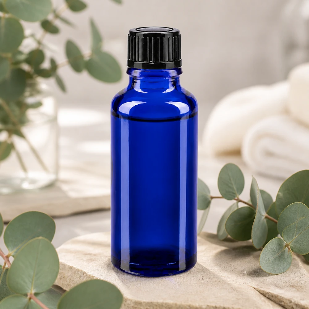 Lékárenská láhev modrá 30ml kapací uzávěr 1mm černý standardní Blaue Tropfflasche 30ml aus UV-Schutzglas ideal für Öle Tinkturen und Essenzen