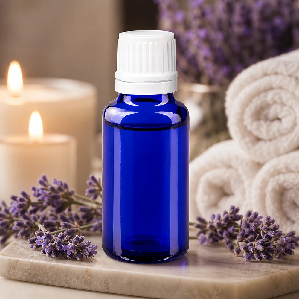 Spa Aromatherapie Flasche 20ml blau weißer Originalitätsverschluss 0,7mm Tropfeinsatz Apothekerglas