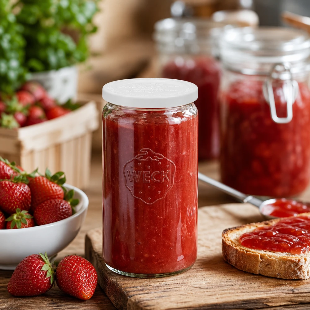 340ml válcová sklenice se skleněným víčkem WECK RR60 pro zachování čerstvosti. WECK Zylinderglas 340ml mit Erdbeermarmelade gefüllt in rustikaler Küche mit frischen Erdbeeren und Brot
