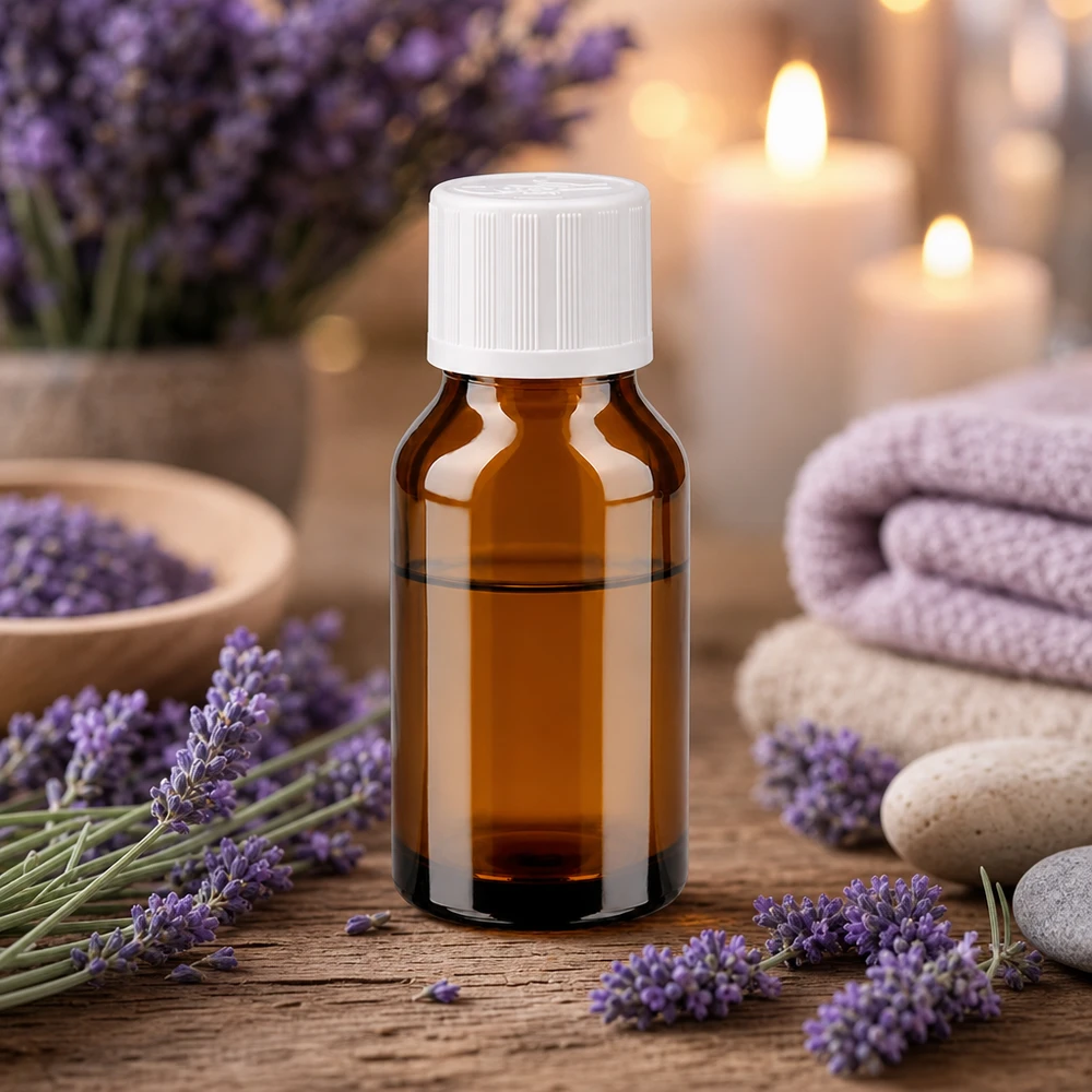 Kompakte Tropfflasche 15ml braun mit weißem Verschluss neben Lavendel und Massagesteinen
