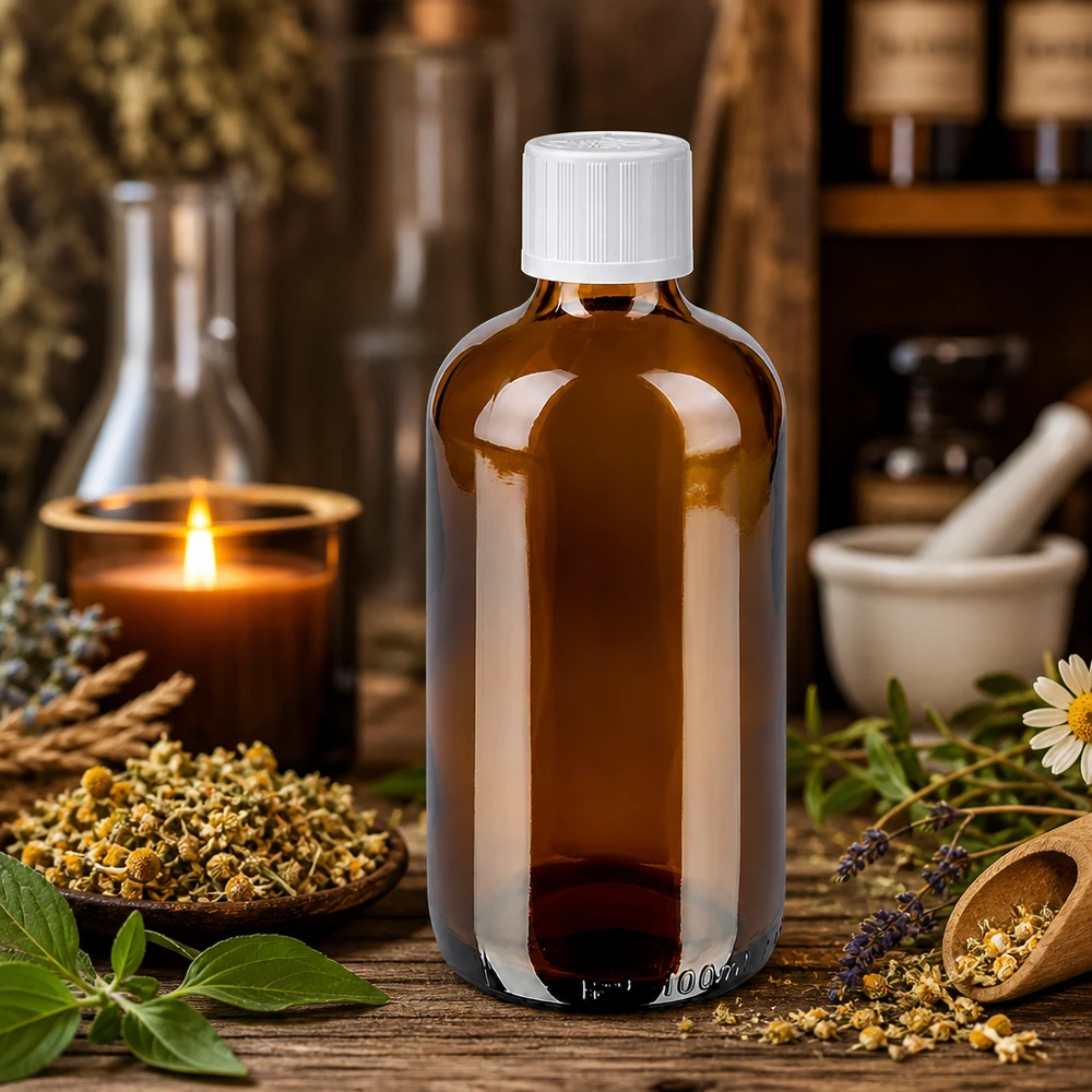 Lékárenská láhev hnědá 100ml šroubovací uzávěr bílý standard odolný proti otevření dětmi. 100ml Braunglasflasche weißer Verschluss 11mm Apotheke mit Kamillenblüten Lavendel Naturkosmetik