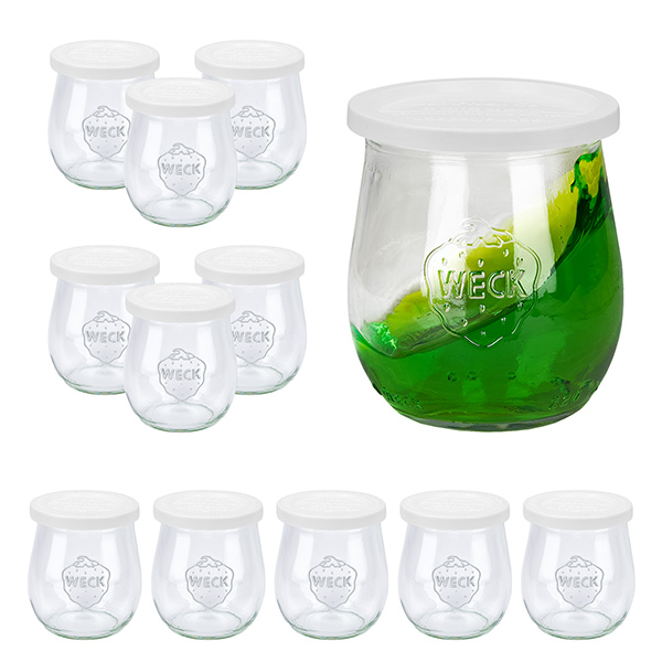 Sada 12 sklenic Weck o objemu 220 ml na tulipány s 12 lepicími víčky. Sada 12 sklenic Weck o objemu 220 ml na tulipány s 12 lepicími víčky.