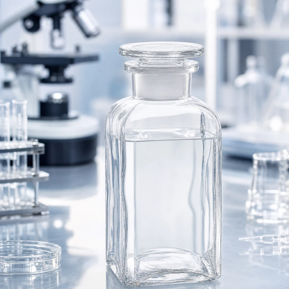 Čtvercová láhev 350ml čirá skleněná zátka se širokým hrdlem Apothekerflasche viereckig 350ml Klarglas Weithals mit Glasstopfen säurefest und sterilisierbar