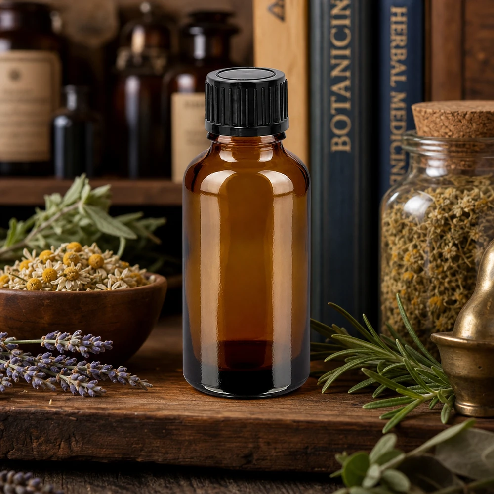 Bernsteinfarbene 30ml Flasche mit UT18 Standardgewinde für Pipetten und Tropfeinsätze geeignet