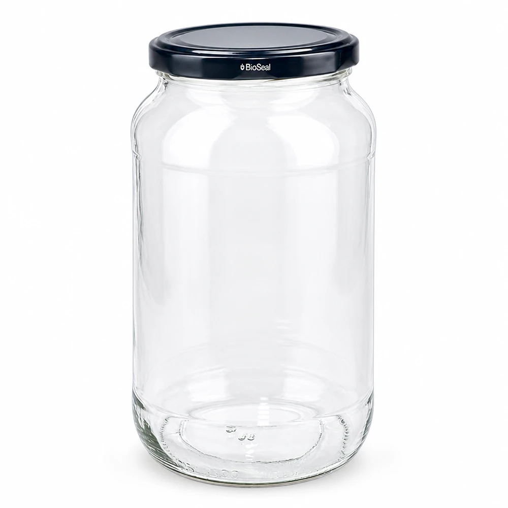 Kulatá nádoba o objemu 1062 ml s černým víkem UNiTWIST BioSeal. Leeres Rundglas UNiTWIST 1062 mit schwarzem TO82 BioSeal Deckel für Lebensmittel Einmachglas Vorratsglas