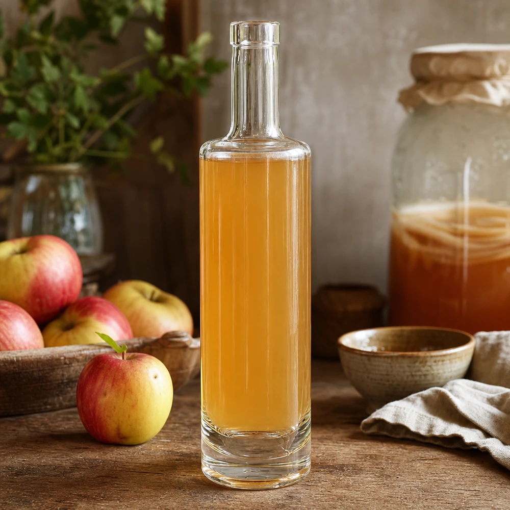 500ml Glasflasche Lina mit goldenem Apfelsaft gefüllt in rustikaler Küchenszene mit frischen Äpfeln und Honig