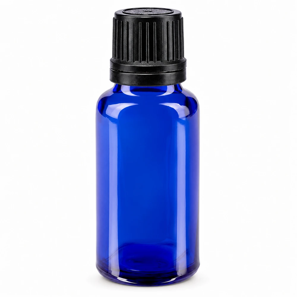 Lékárenská láhev modrá 20ml šroubovací uzávěr černý nalévací kroužek uzávěr zabezpečený proti manipulaci. Apothekerflasche Blauglas 20ml für ätherische Öle mit Originalitätsverschluss