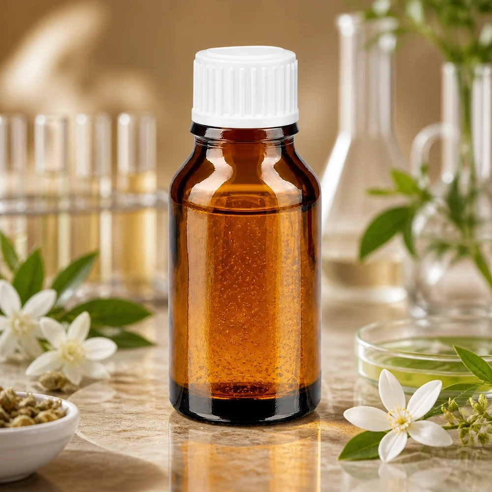 Lékárenská lahvička hnědá 15ml šroubovací uzávěr bílý standard. Apothekenflasche aus UV-Schutzglas 15ml mit weißem Verschluss neben Petrischale und Pflanzendekoration