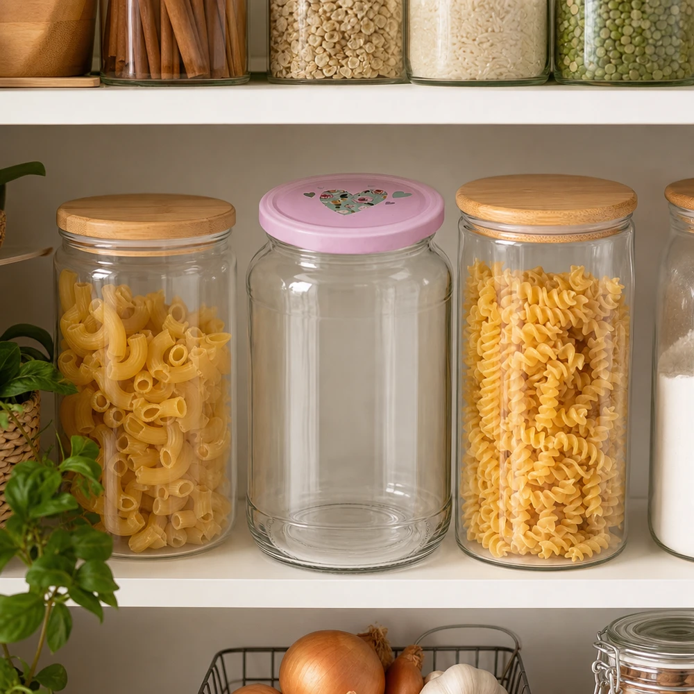 1062ml kulatá sklenice + víčko BasicSeal srdíčková růžová UNiTWIST 1062ml Rundglas BasicSeal rosa Herzdeckel leer in organisierter Vorratsregal Küche neben Pasta Vorratsgläsern