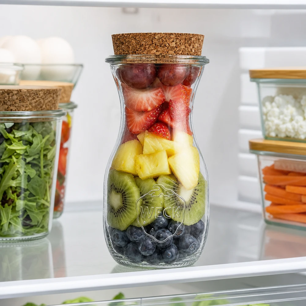 290ml láhev na džus WECK RR60 s korkem přírodní WECK Saftflasche 290ml RR60 mit Früchte-Mix Blaubeeren Kiwi Ananas Erdbeeren im Kühlschrank Meal Prep