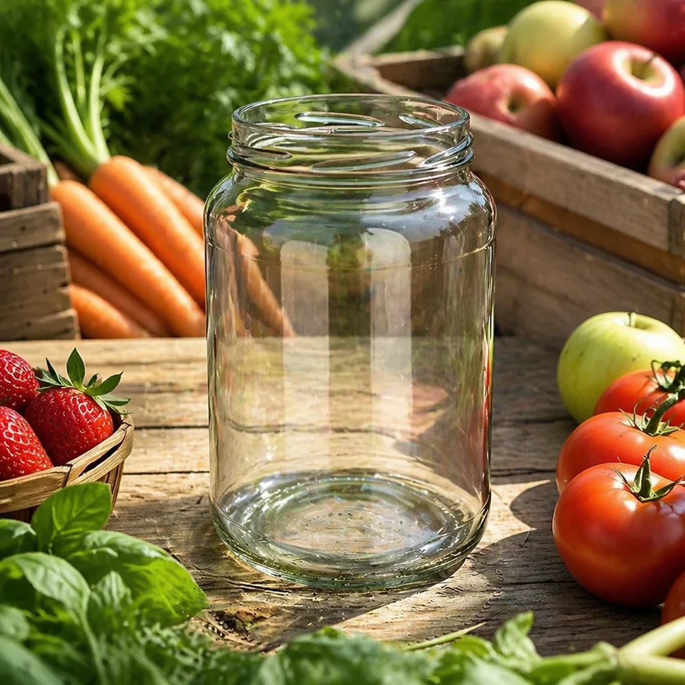 Kulatá nádoba o objemu 1700 ml bez víčka (TO100) UNiTWIST UNiTWIST Runda1700 Sturzglas 1700ml TO100 leer zwischen frischem Gemüse Obst Holztisch Einmachen Konservieren natürlich