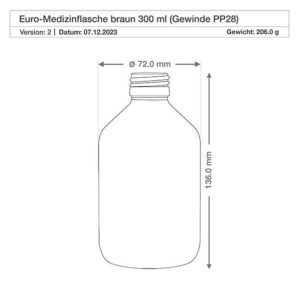 300ml lahvička na léky hnědá, bez uzávěru PP28 ApoGlas 300ml lahvička na léky hnědá, bez uzávěru PP28 ApoGlas
