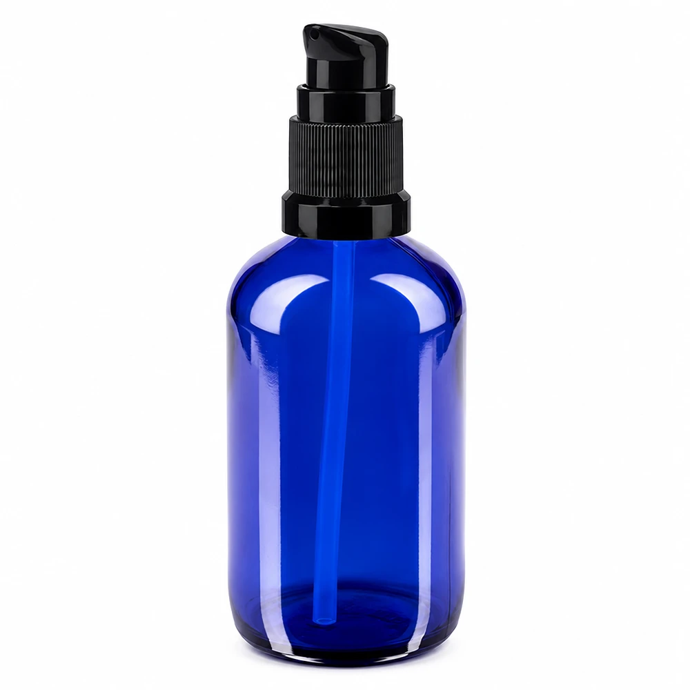 Lékárenská láhev modrá 100ml pumpovací uzávěr černý standardní Zylindrische blaue Apothekerglasflasche 100ml mit schwarzem Lotion-Pumpkopf
