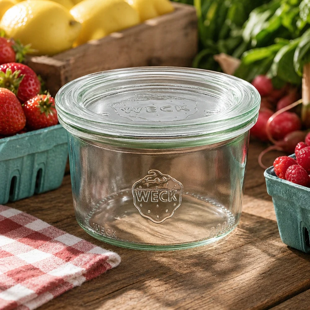 Zavařovací sklenice 200ml se skleněným víčkem WECK RR80 WECK Einmachglas 200ml RR80 in natürlicher Küchenumgebung mit frischen Früchten und Gemüse dekoriert