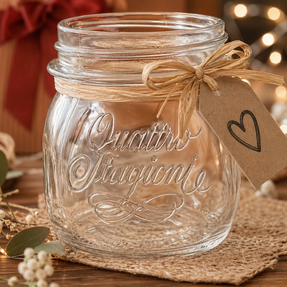 250ml Quattro Stagioni Haushaltsglas mit Schleifenband und Herzanhänger als Geschenkidee für die Küche