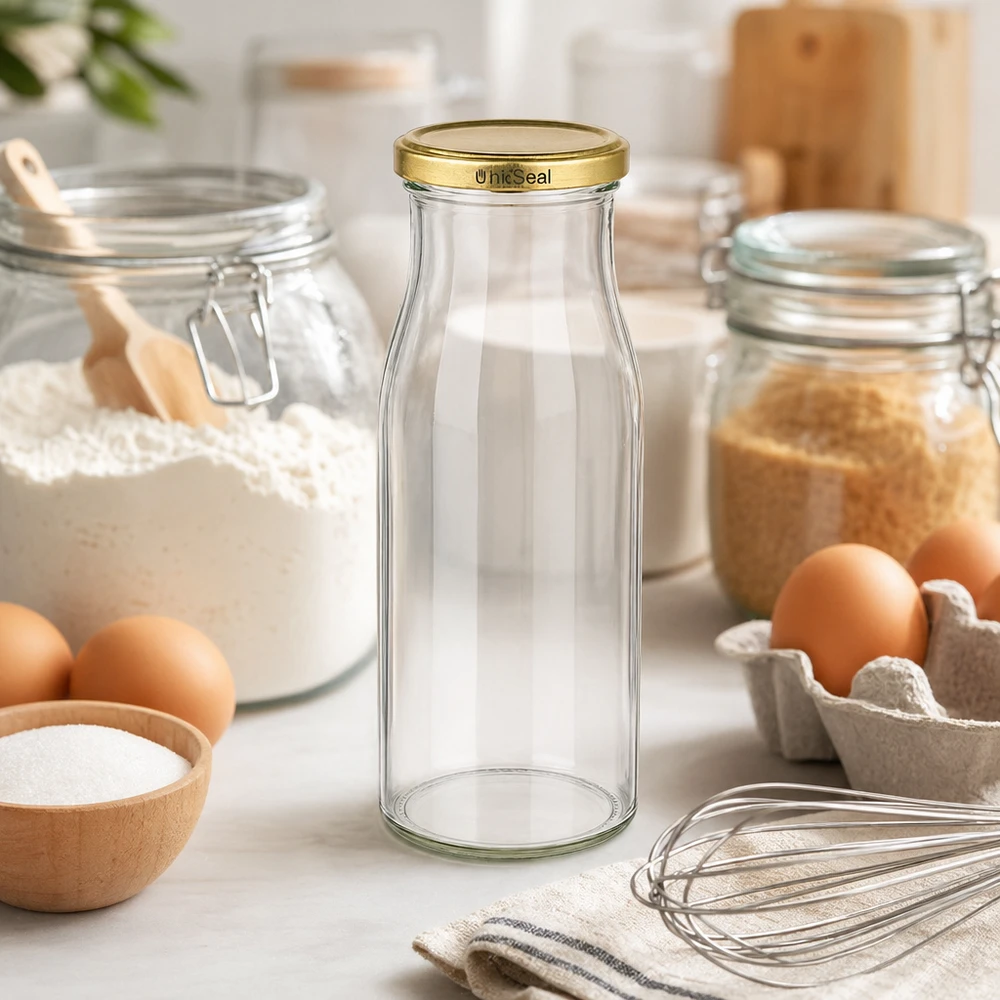 Láhev 150 ml se zlatým víčkem UNiTWIST BioSeal. UNiTWIST Glasflasche 150ml leer auf Küchenarbeitsplatte mit Backzutaten Eier Mehl Schneebesen goldener Deckel