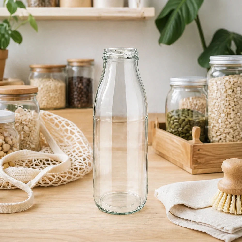 Skleněná láhev o objemu 500 ml bez víčka (TO48) UNiTWIST 500ml Glasflasche TO48 UNiTWIST leer in nachhaltiger Zero-Waste Küche mit Vorratsgläsern und Naturfasern